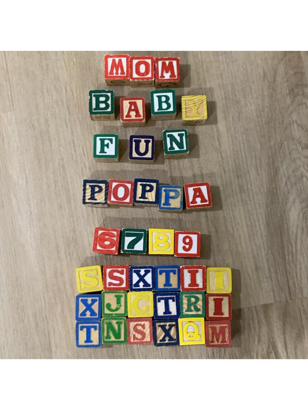 Vintage Lot of 37 Wood Alphabet ABC 1.125" Building Blocks Childrens Multi Sided